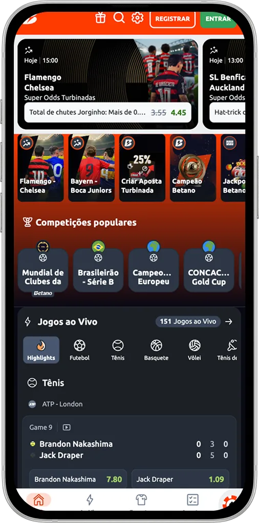 Tela principal da casa de apostas Betano