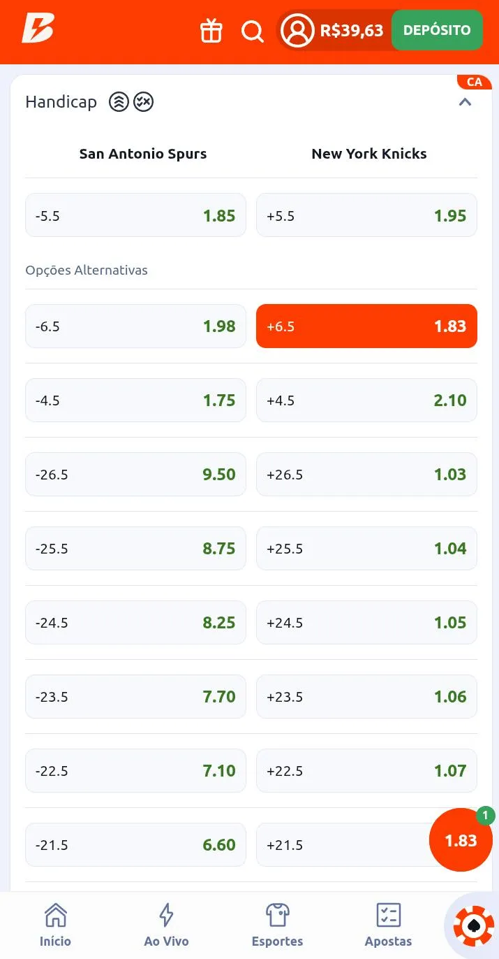 Aposta no handicap New York Kicks +6.5 na Betano