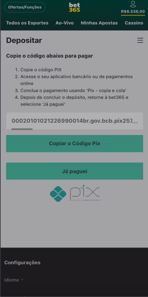 P&aacute;gina de dep&oacute;sito via Pix da Bet365