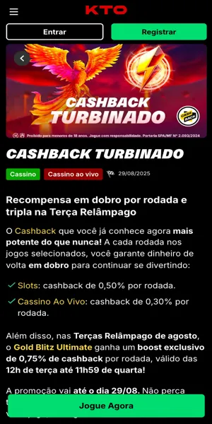 Imagem da promoção do cashback do cassino online. Na KTO, suas apostas em slots e cassino ao vivo podem render reembolso