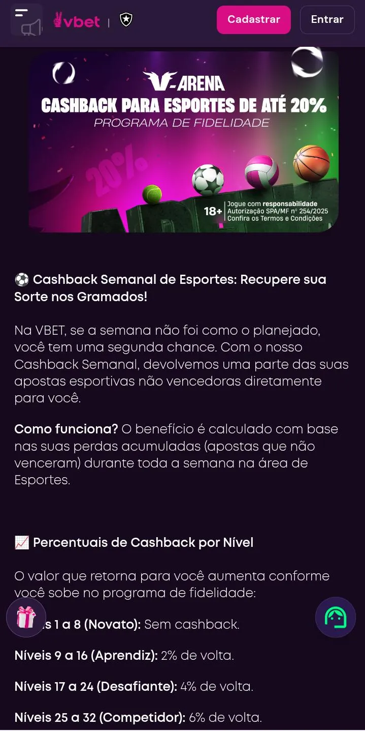 P&aacute;gina da promo&ccedil;&atilde;o de cashback da Vbet