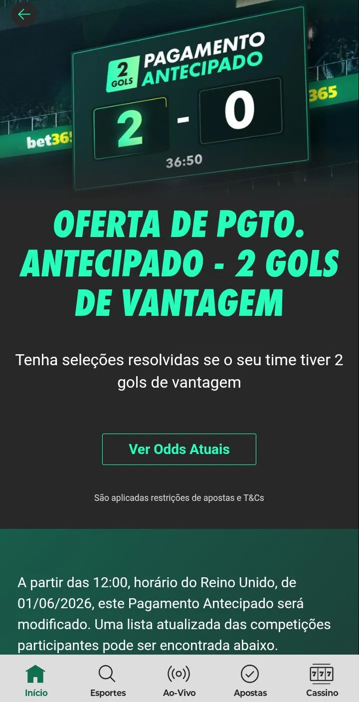 Oferta de pagamento antecipado da Bet365