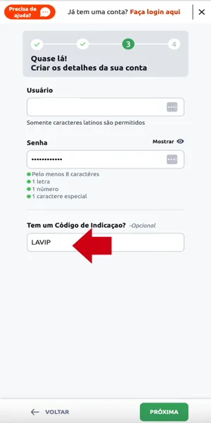 Imagem com a etapa de cadastro em que é possível inserir o código de indicação da Betano