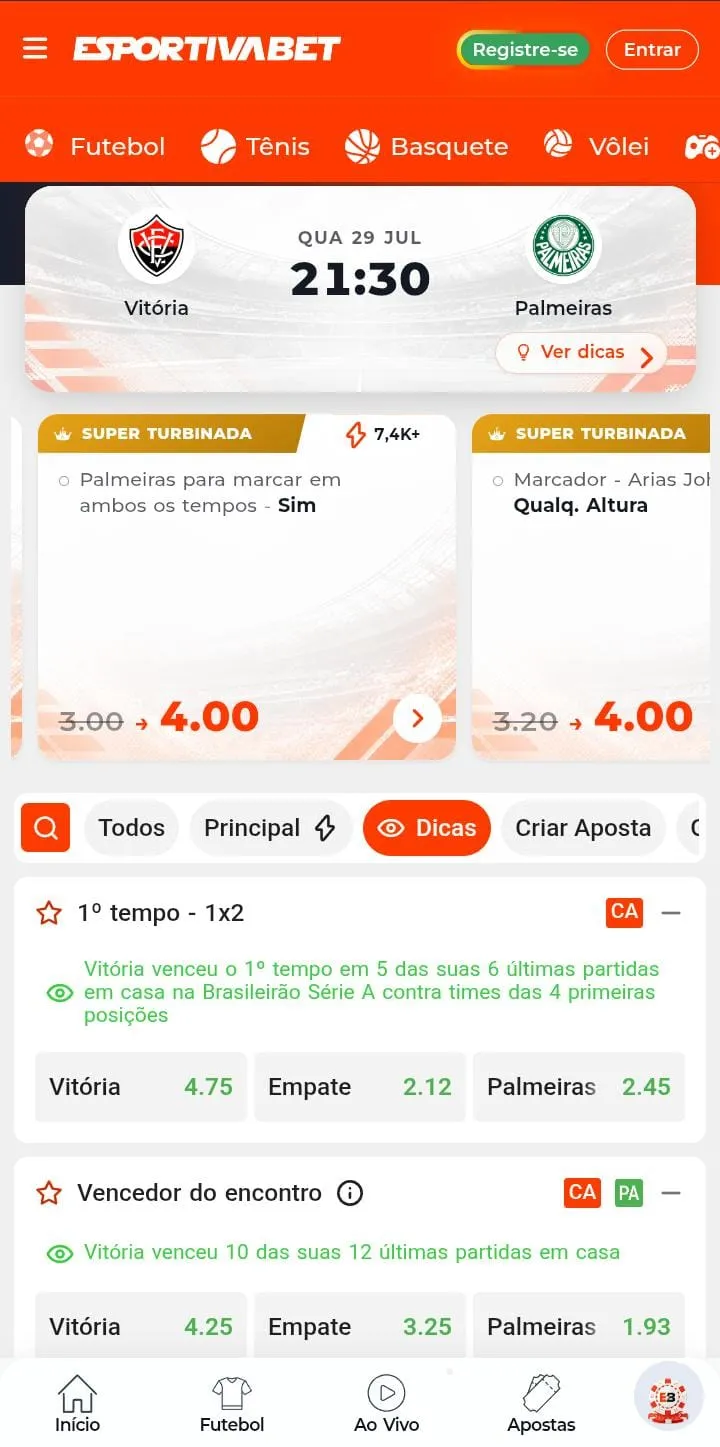 Apostas para o jogo Vit&oacute;ria e Palmeiras na Esportiva Bet