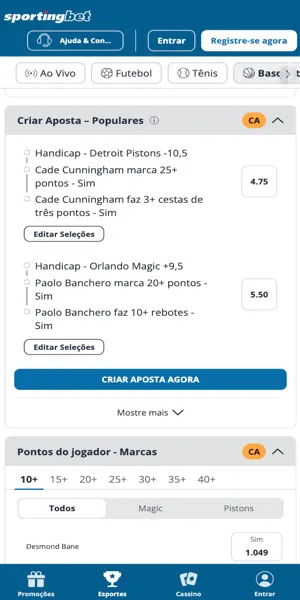 Interface da Sportingbet com op&ccedil;&otilde;es de apostas combinadas em "Criar Aposta"