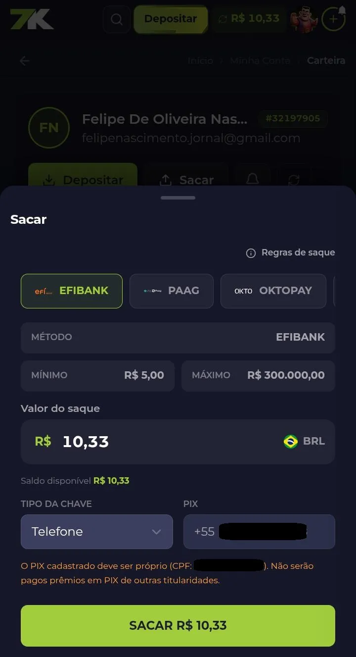 Formul&aacute;rio de saque da Bet7k