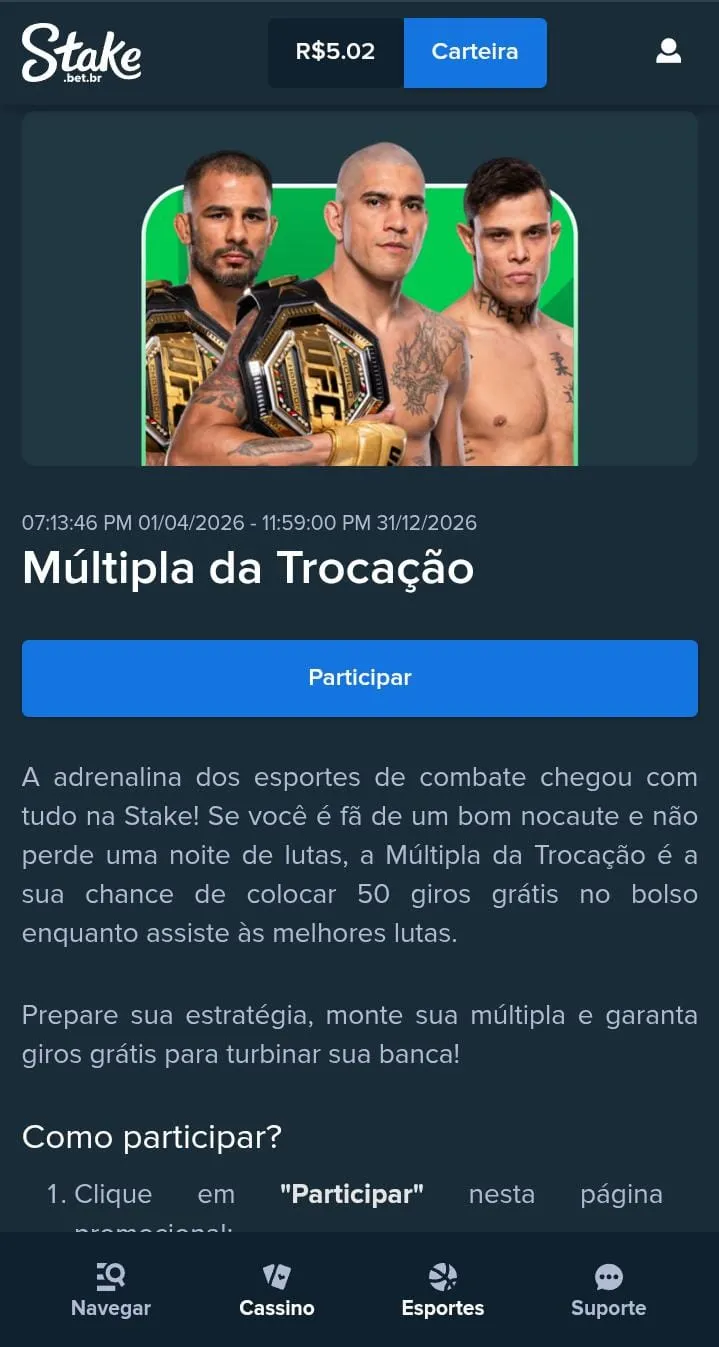 Imagem da p&aacute;gina da promo&ccedil;&atilde;o da m&uacute;ltipla nas apostas do UFC na Stake