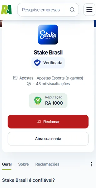 P&aacute;gina da Stake no Reclame Aqui