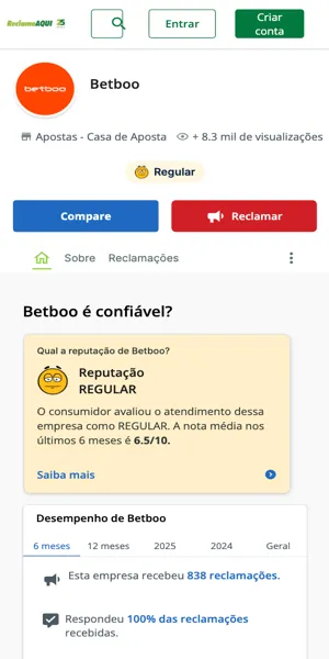 Imagem da p&aacute;gina da Betboo no Reclame Aqui.