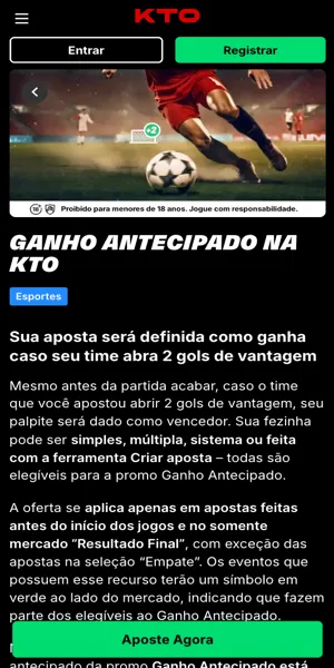 Imagem com a página da promoção Ganho Antecipado KTO em que você pode ter sua aposta liquidada sempre que seu time de futebol abrir 2 gols de vantagem 