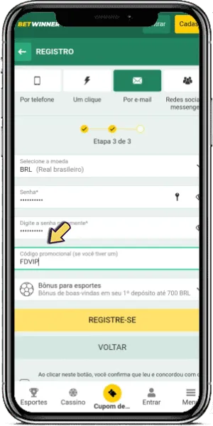 Formul&aacute;rio de Cadastro com Campo de C&oacute;digo Promocional da Betwinner