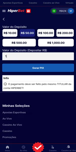 Imagem do processo de dep&oacute;sito via Pix na Hiperbet