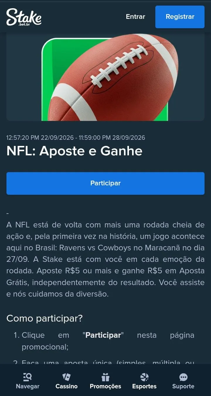 Oferta NFL: Aposte e Ganhe na Stake