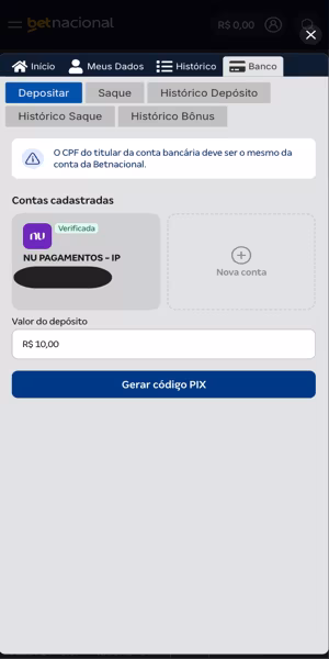 Imagem do processo de dep&oacute;sito via Pix na Betnacional