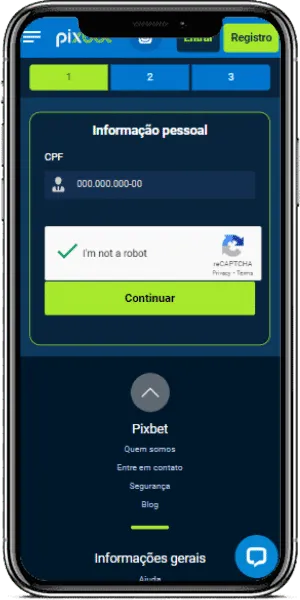p&aacute;gina de cadastro no app da pixbet