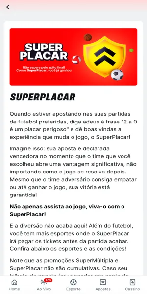 Imagem com a página da promoção "SuperPlacar" que garante pagamento antecipado na Superbet