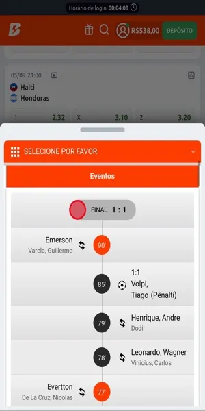 Imagem com o recurso de resultados da partida em uso, mostrando um pouco das suas funcionalidades, como a linha do tempo com acontecimentos da partida