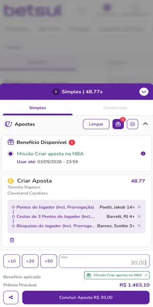 Interface do bilhete de apostas com a promo&ccedil;&atilde;o "miss&atilde;o criar aposta NBA"