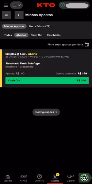 Imagem com exemplo de como dar cash out em uma aposta na KTO