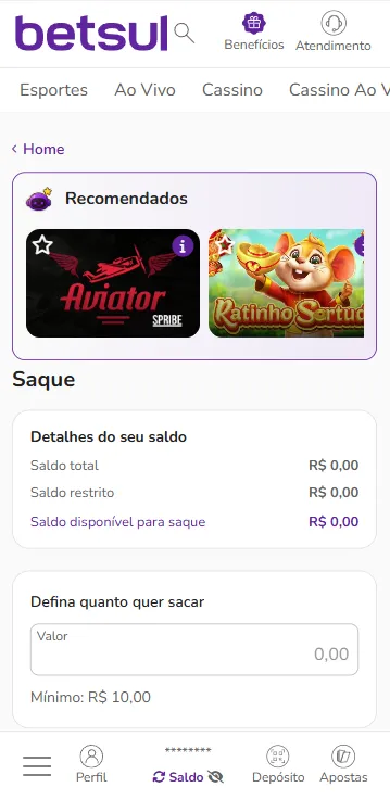P&aacute;gina de saque na Betsul via Pix