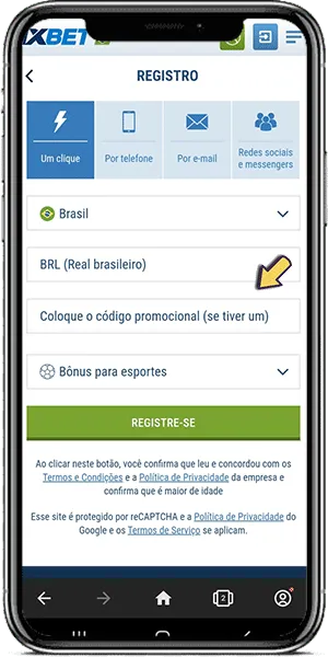 Ativar o código promocional da 1xbet pelo app