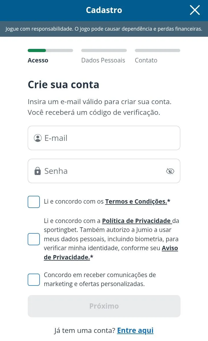 Formul&aacute;rio de cadastro da Sportingbet, com campo de e-mail e senha