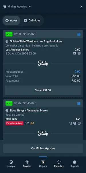 Imagem de uma aposta pr&eacute;-jogo dispon&iacute;vel para cash out integral na Stake