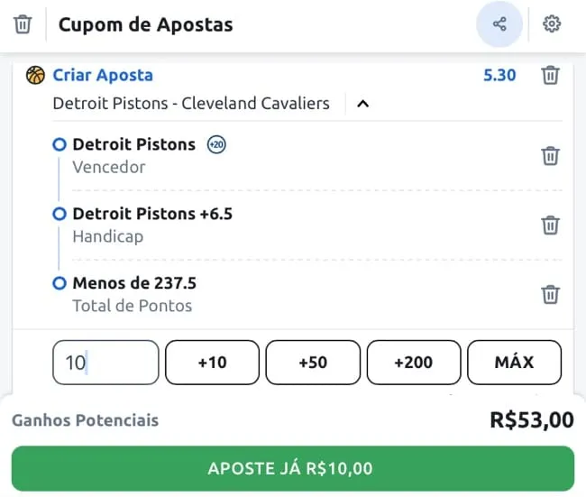 Tela com um exemplo de como fica o bilhete de apostas ap&oacute;s selecionar todos os mercados na fun&ccedil;&atilde;o criar aposta na Betano