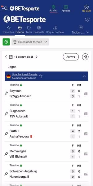 Imagem do recurso de resultados na Betesporte. &Eacute; poss&iacute;vel consultar o placar e algumas estat&iacute;sticas de jogos j&aacute; finalizados em diferentes per&iacute;odos