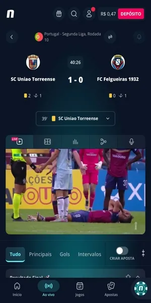 Imagem do live streaming da Novibet em um jogo de futebol em uma liga portuguesa