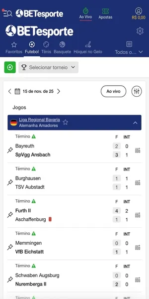 Imagem do recurso de resultados na Betesporte. &Eacute; poss&iacute;vel consultar o placar e algumas estat&iacute;sticas de jogos j&aacute; finalizados em diferentes per&iacute;odos