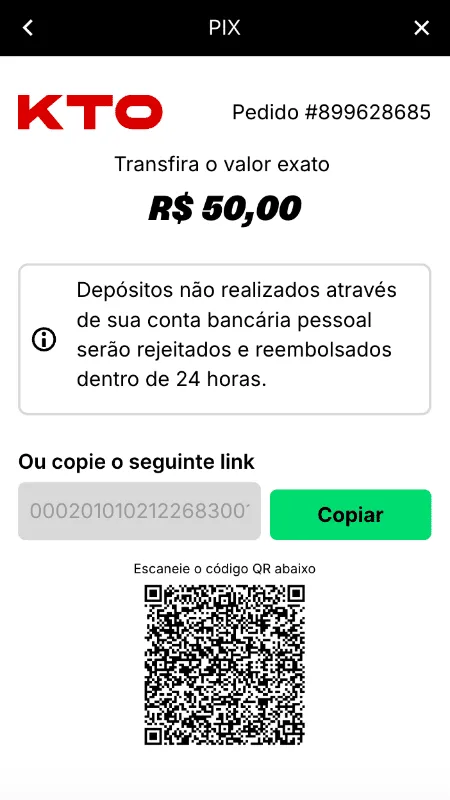 depósito via PIX na KTO