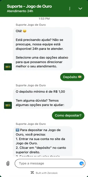 Chat ao vivo com assunto sobre depósito na Jogo de Ouro