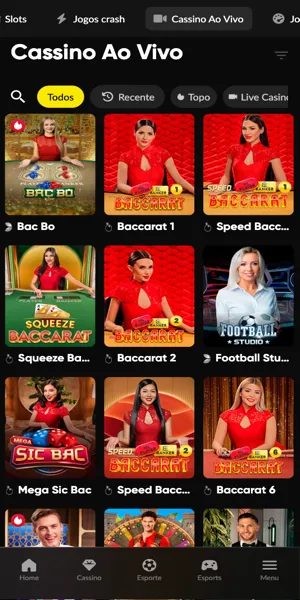 Imagem da se&ccedil;&atilde;o de cassino ao vivo com as principais op&ccedil;&otilde;es de jogos na Betboom