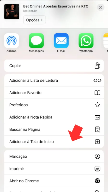 Tela com atalho para KTO apostas no iPhone