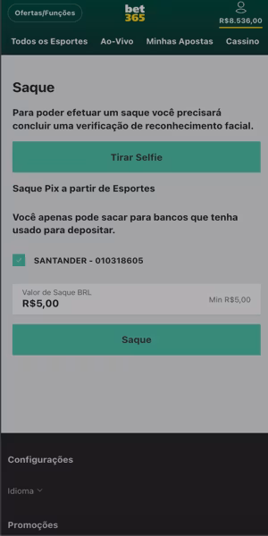 P&aacute;gina de solicita&ccedil;&atilde;o de saque da Bet365
