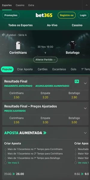 Imagem de um jogo com possibilidade de Super Odds na bet365.