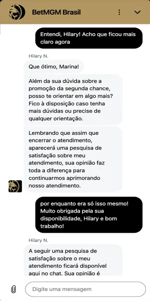 Imagem com um atendimento ao cliente em andamento ap&oacute;s registro com o c&oacute;digo promocional BetMGM