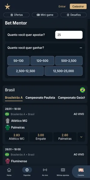 Imagem do recurso Bet Mentor, dispon&iacute;vel na p&aacute;gina principal de apostas esportivas da Estrela Bet