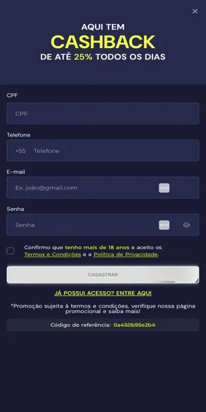 Imagem do processo de cadastro com cupom Bet7K