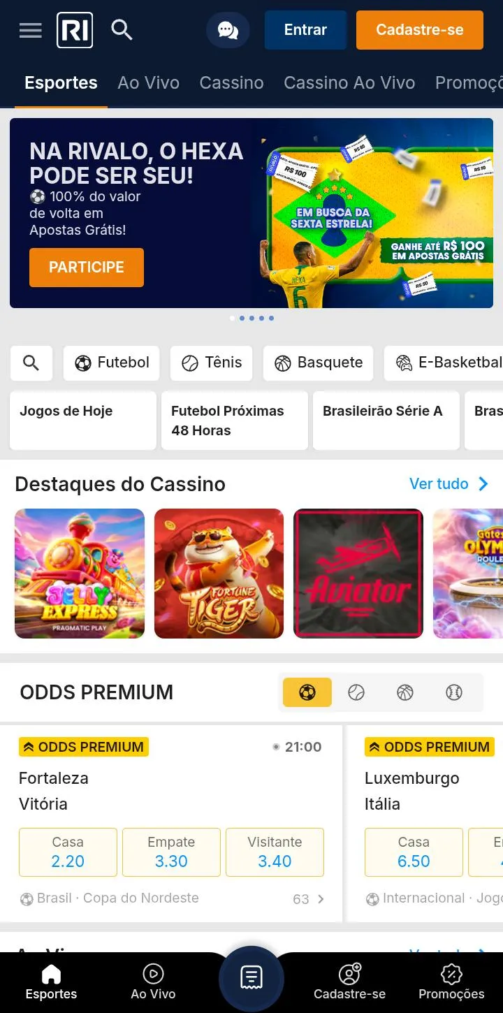 P&aacute;gina inicial do Rivalo app, com destaque para odds premium e oferta de apostas gr&aacute;tis
