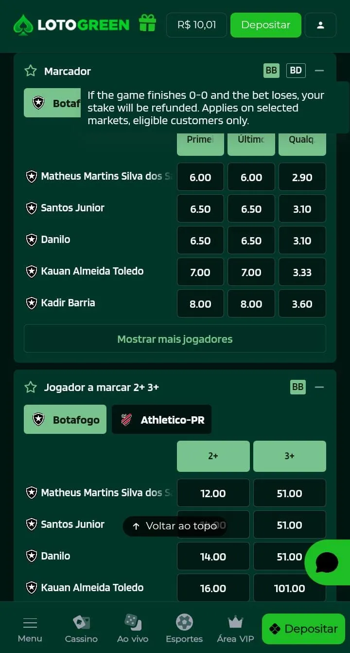 Mercado de aposta no marcador de gols com Bore Draw na Lotogreen
