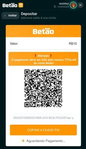 tela com o QR Code para fazer dep&oacute;sitos via Pix 