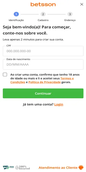 Imagem do processo de cadastro sem c&oacute;digo promocional Betsson