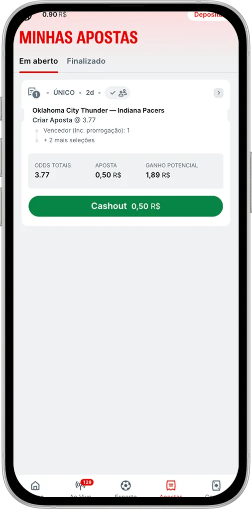 Tela com exemplo de aposta elaborada com o "Criar Aposta" da Superbet e elegível ao cash out da plataforma.