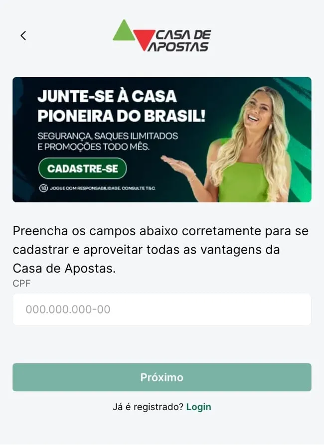 tela para iniciar o cadastro na Casadeapostas.com