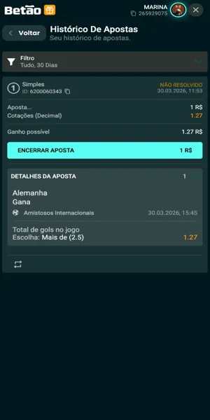 Imagem de um bilhete de aposta liberado para cash out na Bet&atilde;o