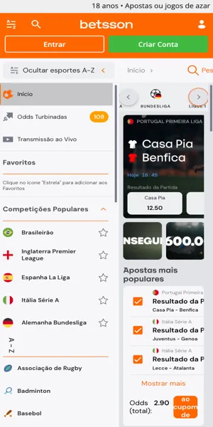 Imagem da p&aacute;gina inicial da Betsson Brasil com op&ccedil;&otilde;es de apostas esportivas.