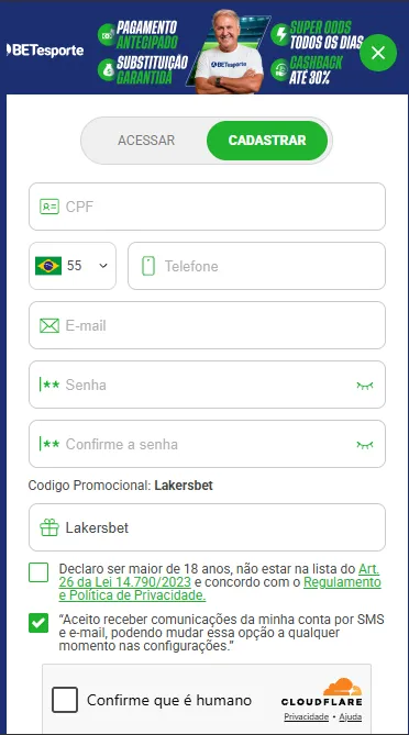 Imagem do processo de cadastro de uma nova conta na Betesportebetesporte-cadastro-codigo