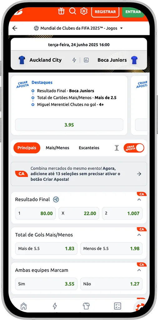 Imagem de como ativar o Criar Aposta na Betano e escolher até 13 seleções em um único bilhete.